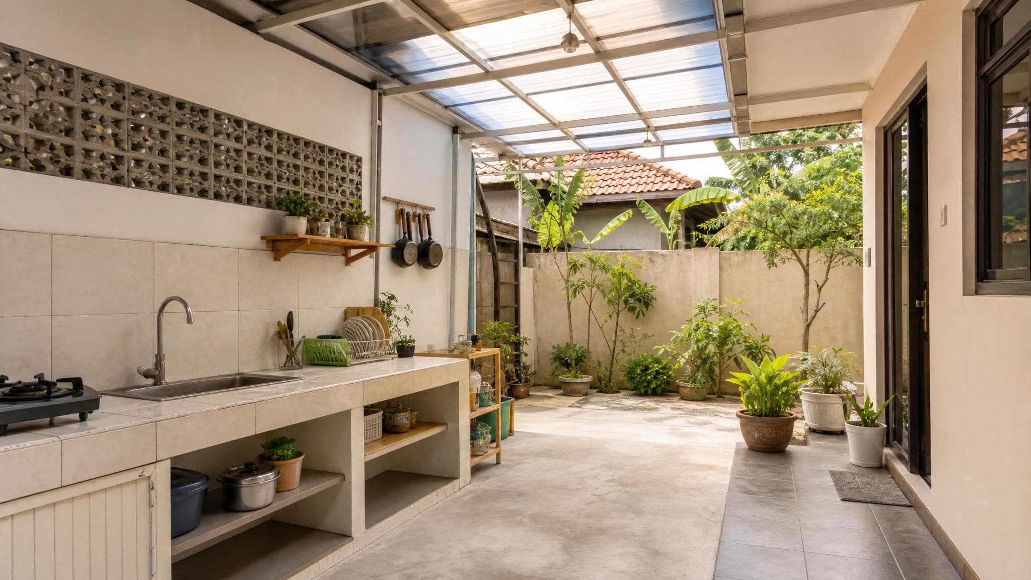 Desain Dapur Terbuka Belakang Rumah Kecil yang Rapi dan Tidak Pengap