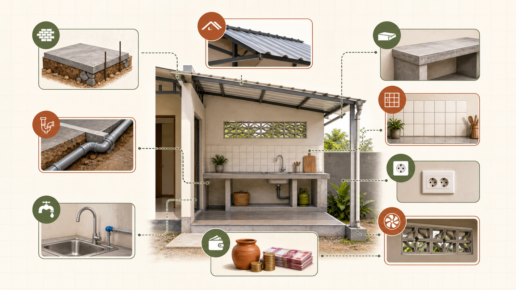 Skema komponen biaya buat dapur rumah subsidi: lantai, pipa, titik air, atap ringan, meja cor, backsplash, listrik, ventilasi, dan cadangan dana