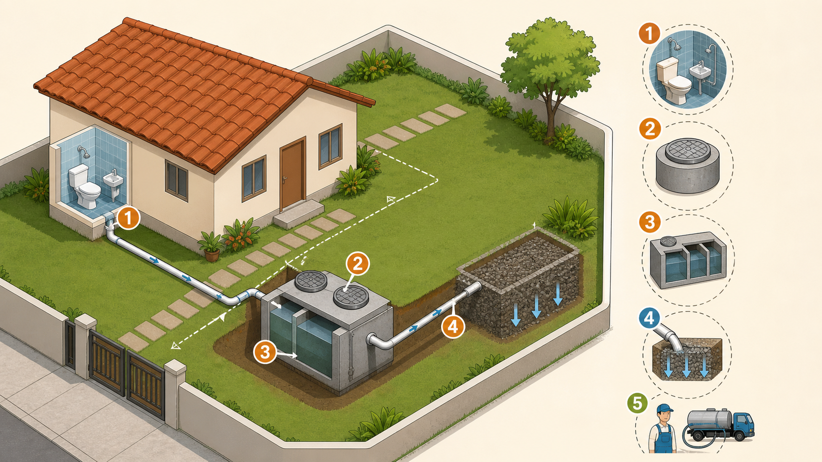 Skema posisi septic tank, pipa, ruang inspeksi, dan area resapan untuk rumah subsidi kecil
